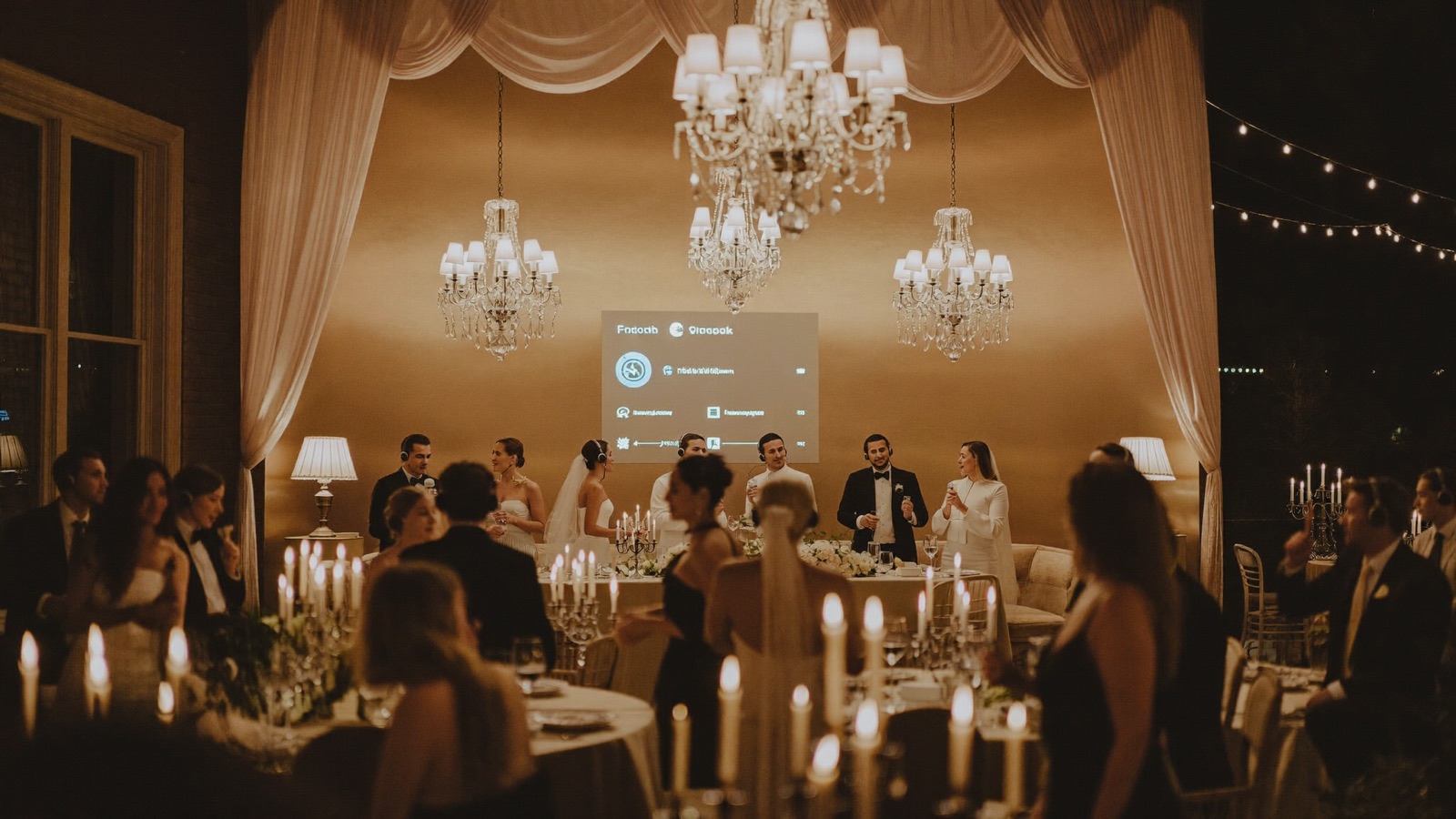 Wide view of a wedding reception at night with the glowing podcast lounge in the corner